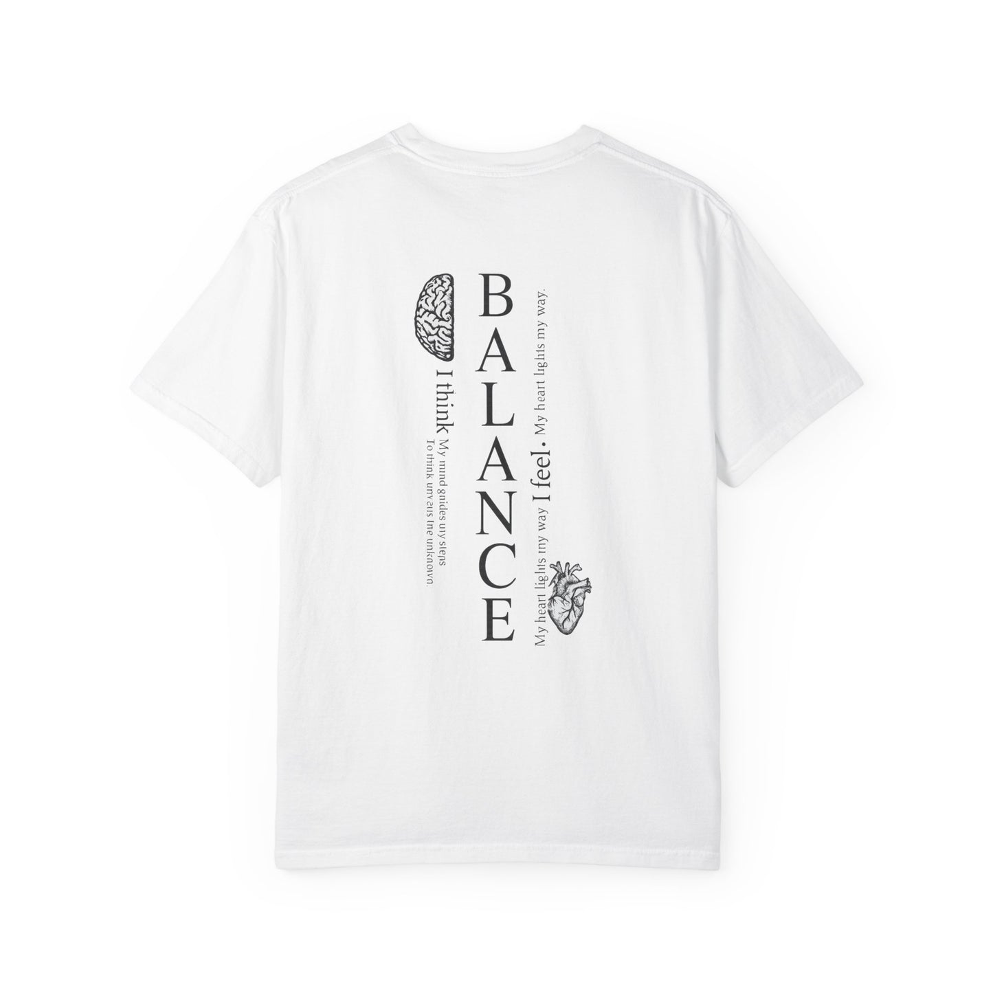 White t-shirt with text and graphics on the back against a white background
