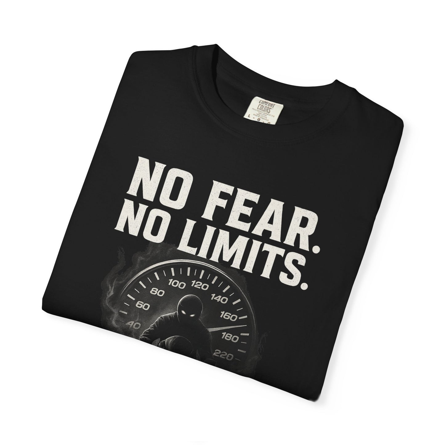 Black t-shirt with 'No Fear. No Limits.' text on a white background