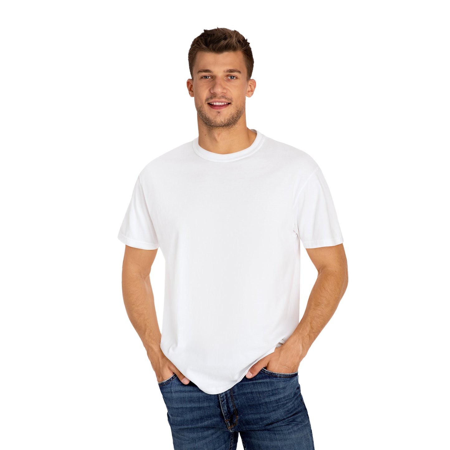 Man wearing a plain white t-shirt and blue jeans on a white background