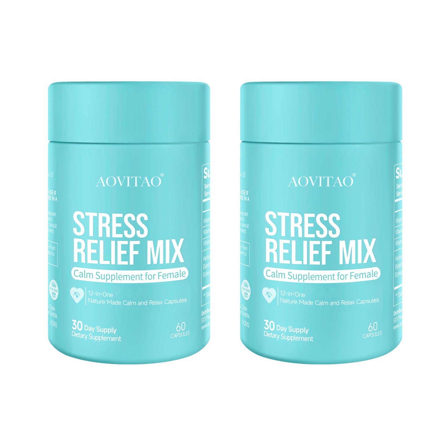 Two containers of AOVITAO Stress Relief Mix on a white background