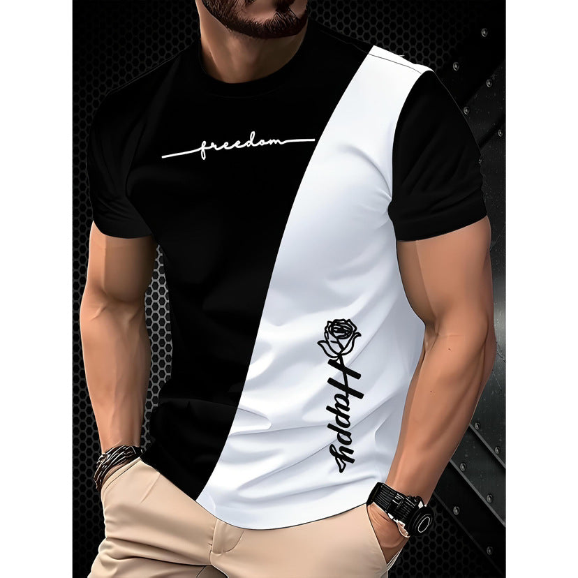 Person wearing a black and white t-shirt with text and graphics.