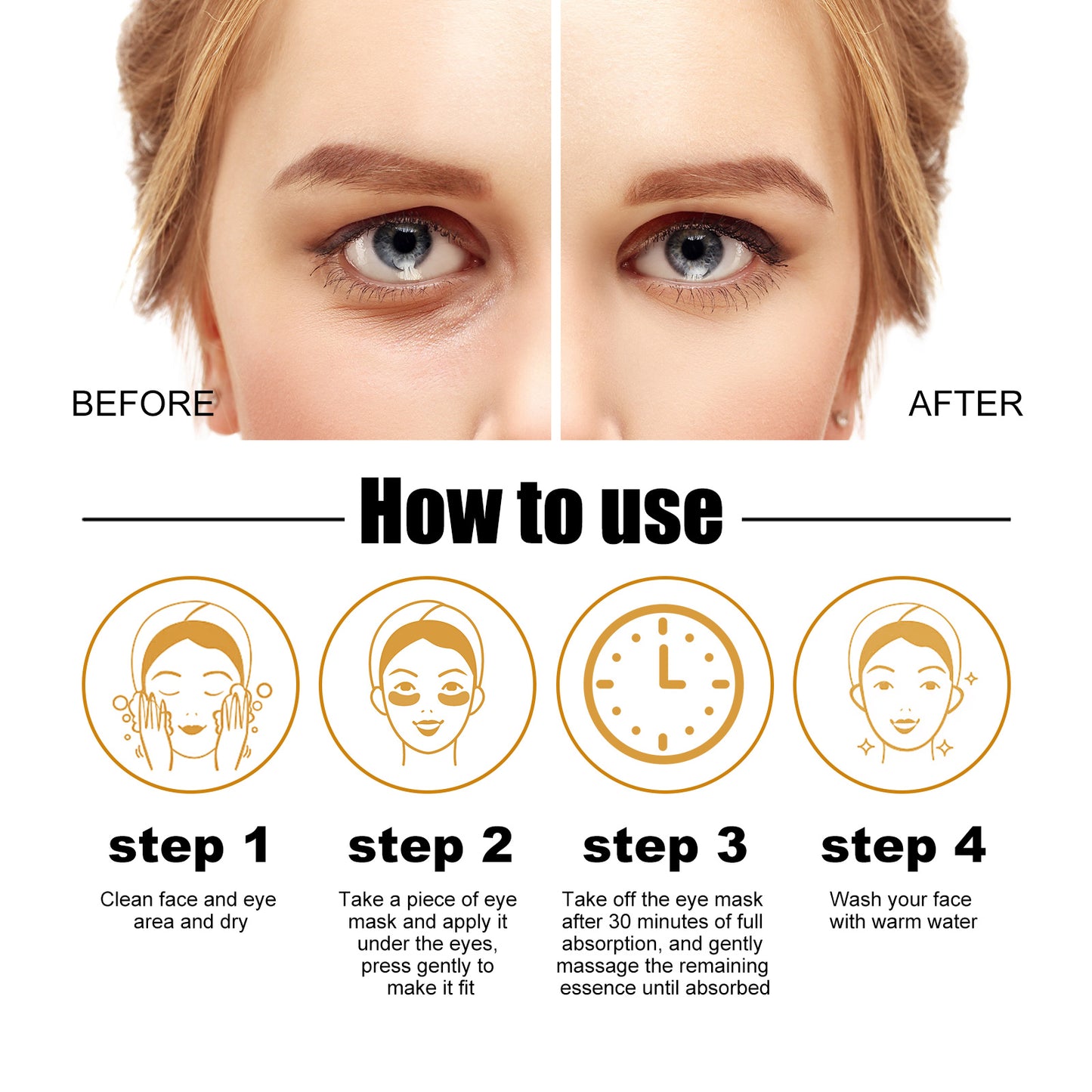 Before and after comparison of eye area with usage instructions for an eye mask.
