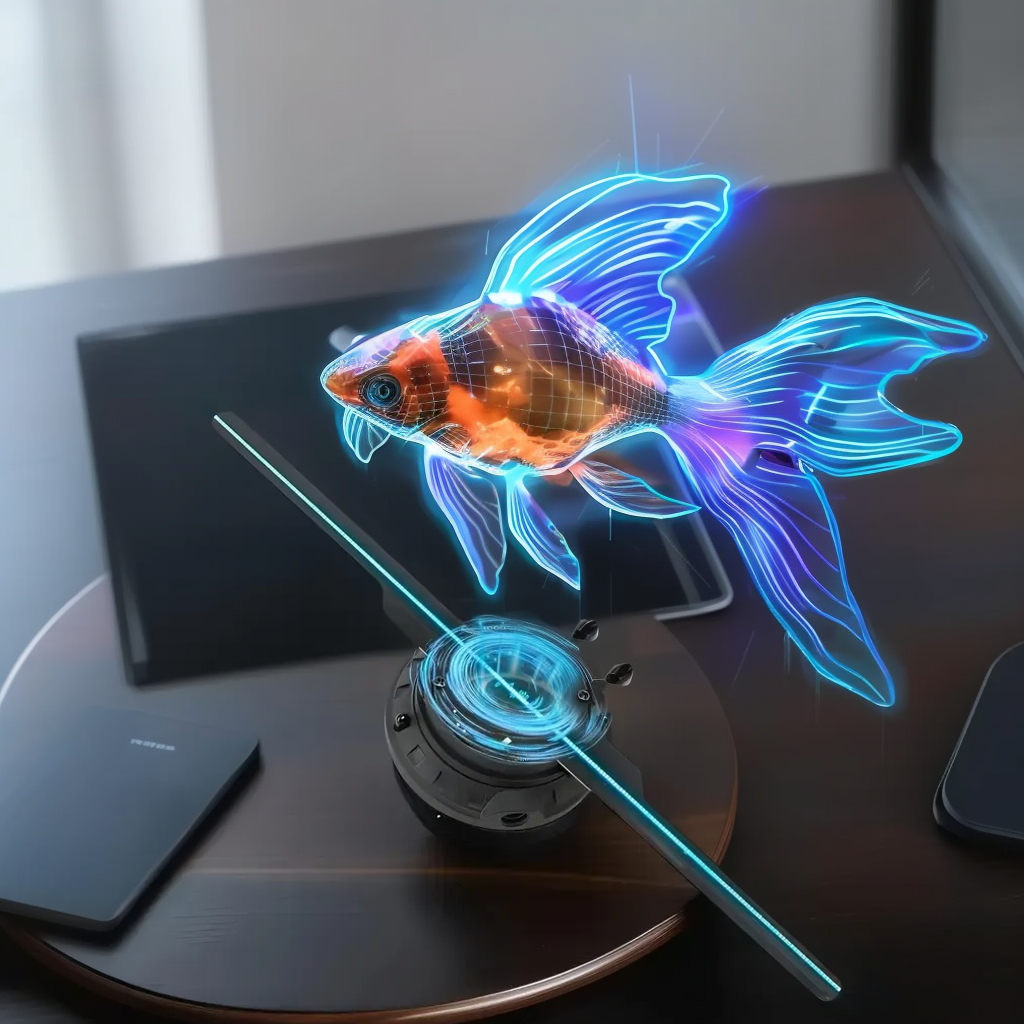 Glowing neon fish on a table with a blurred background