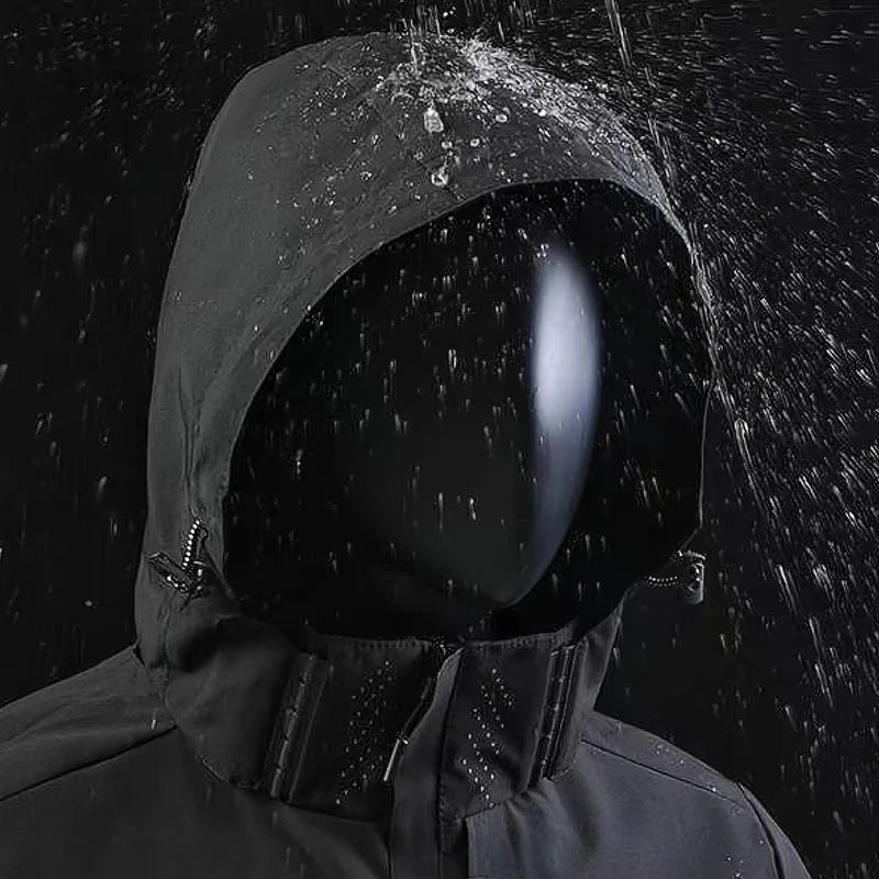Person wearing a dark raincoat with hood in a rainstorm