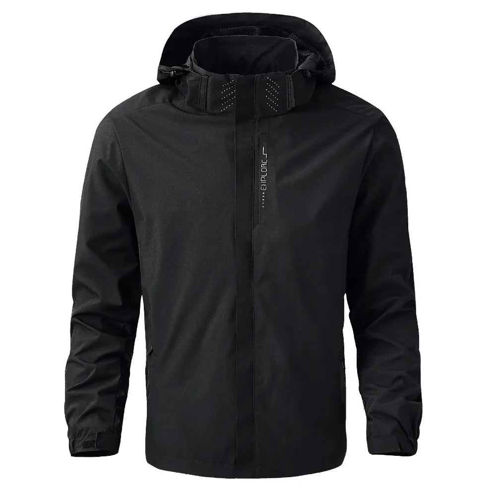 Black jacket with a hood on a white background