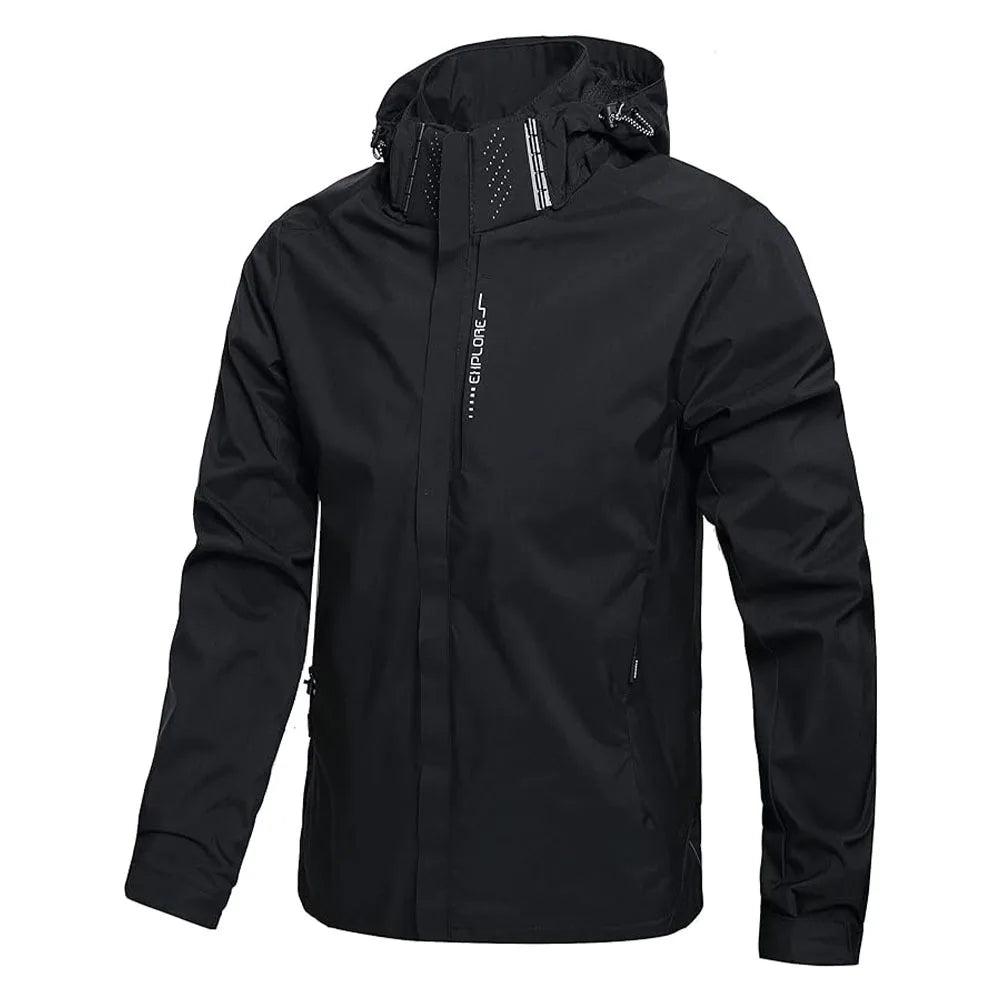 Black jacket with a brand logo on a white background