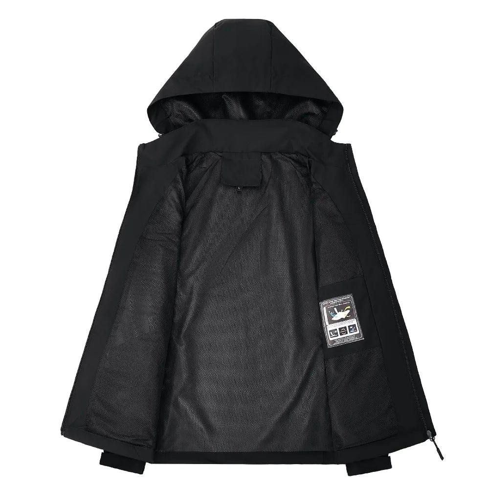 Black hooded jacket with a brand logo on the back on a white background