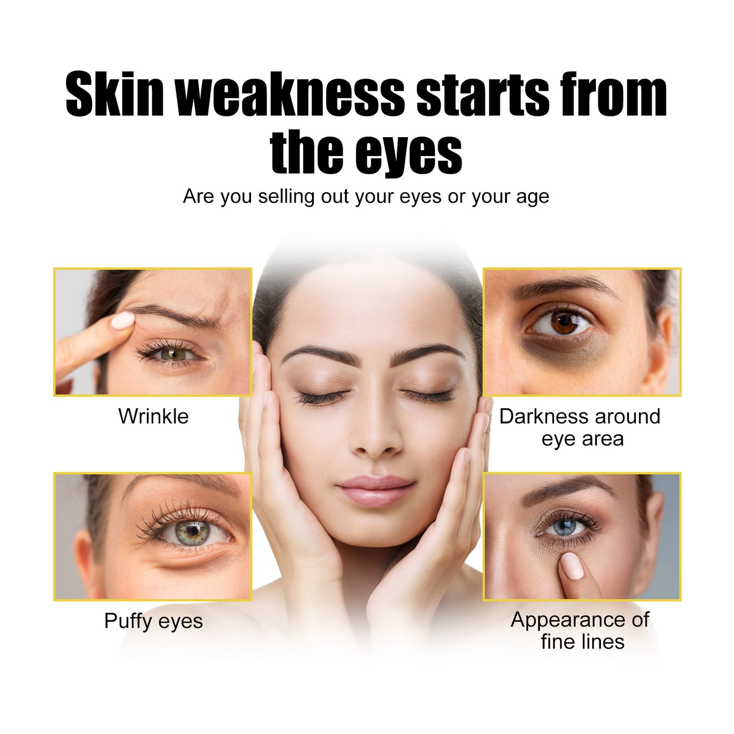 Advertisement about eye skin health with close-up images of eyes and text on a white background.