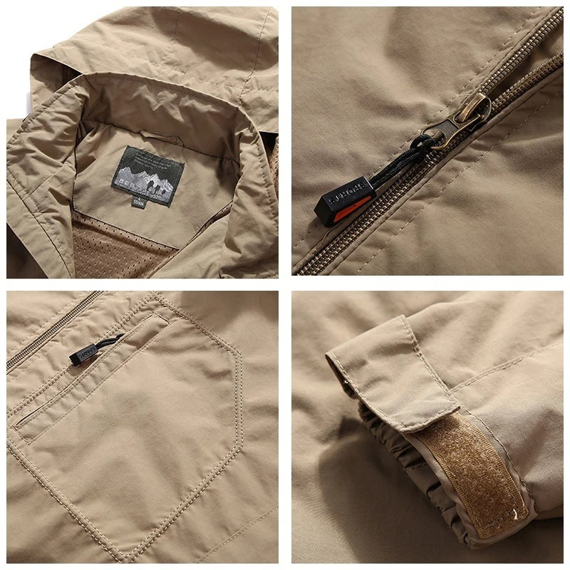 Collage of a beige jacket with close-up details including stitching, zipper, and label.