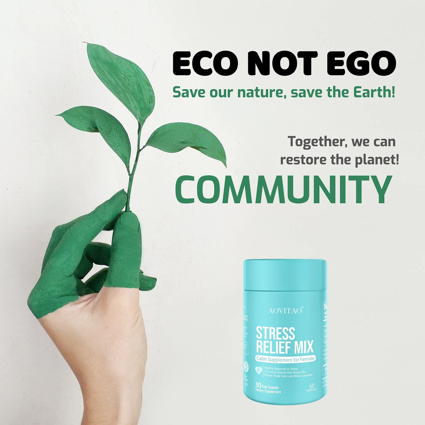 Hand holding a leaf with a supplement container, promoting eco-friendly actions and community effort.