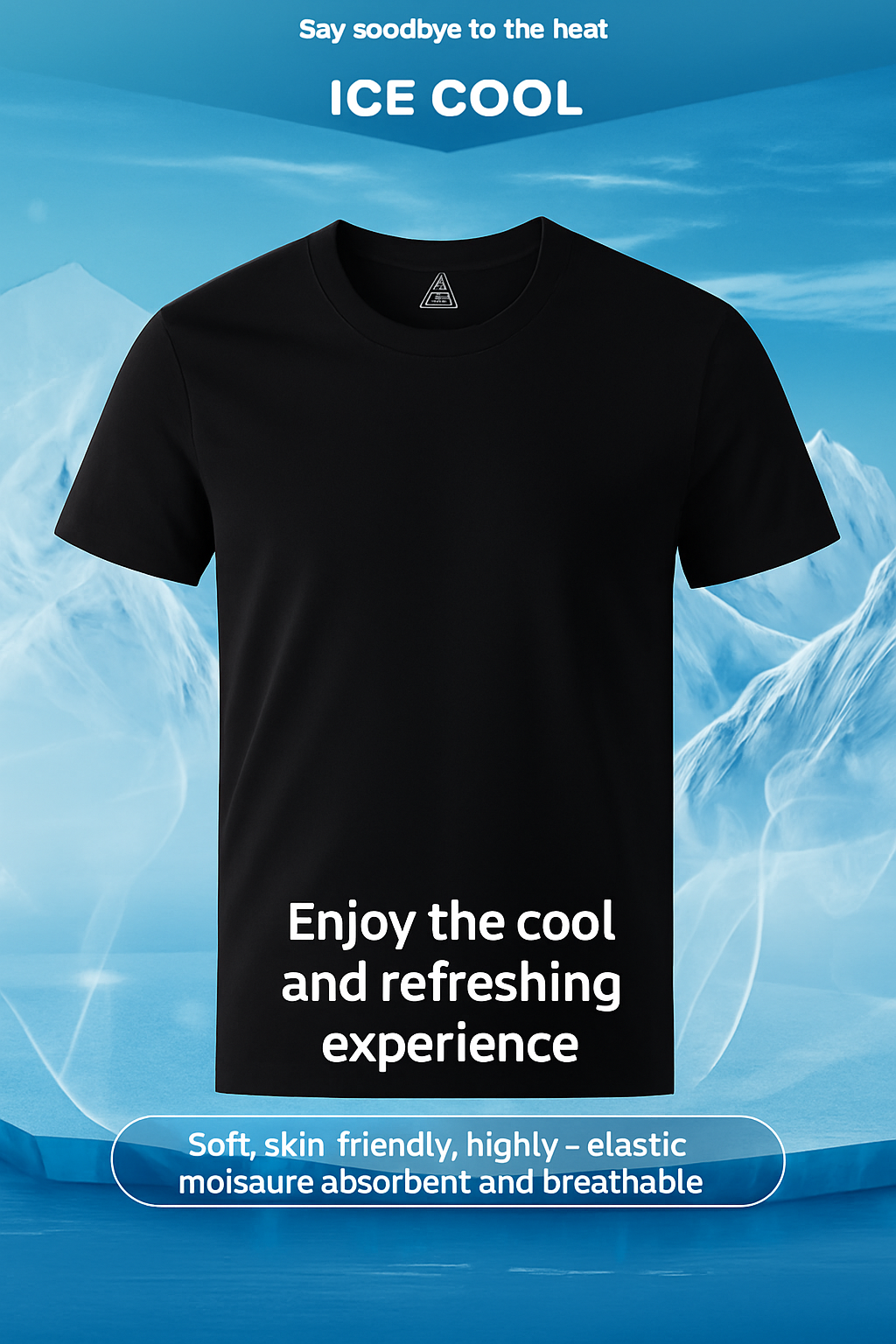 Black t-shirt with ice-themed advertisement on a blue background