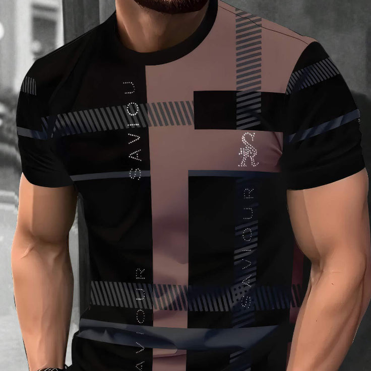 Person wearing a black and brown checkered shirt with 'SAVIOUR' branding.