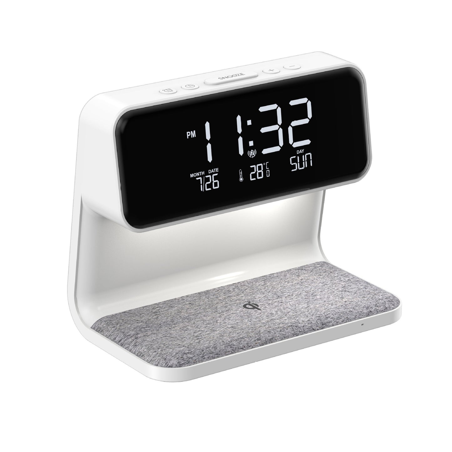 Digital clock with a white base and gray felt surface on a white background