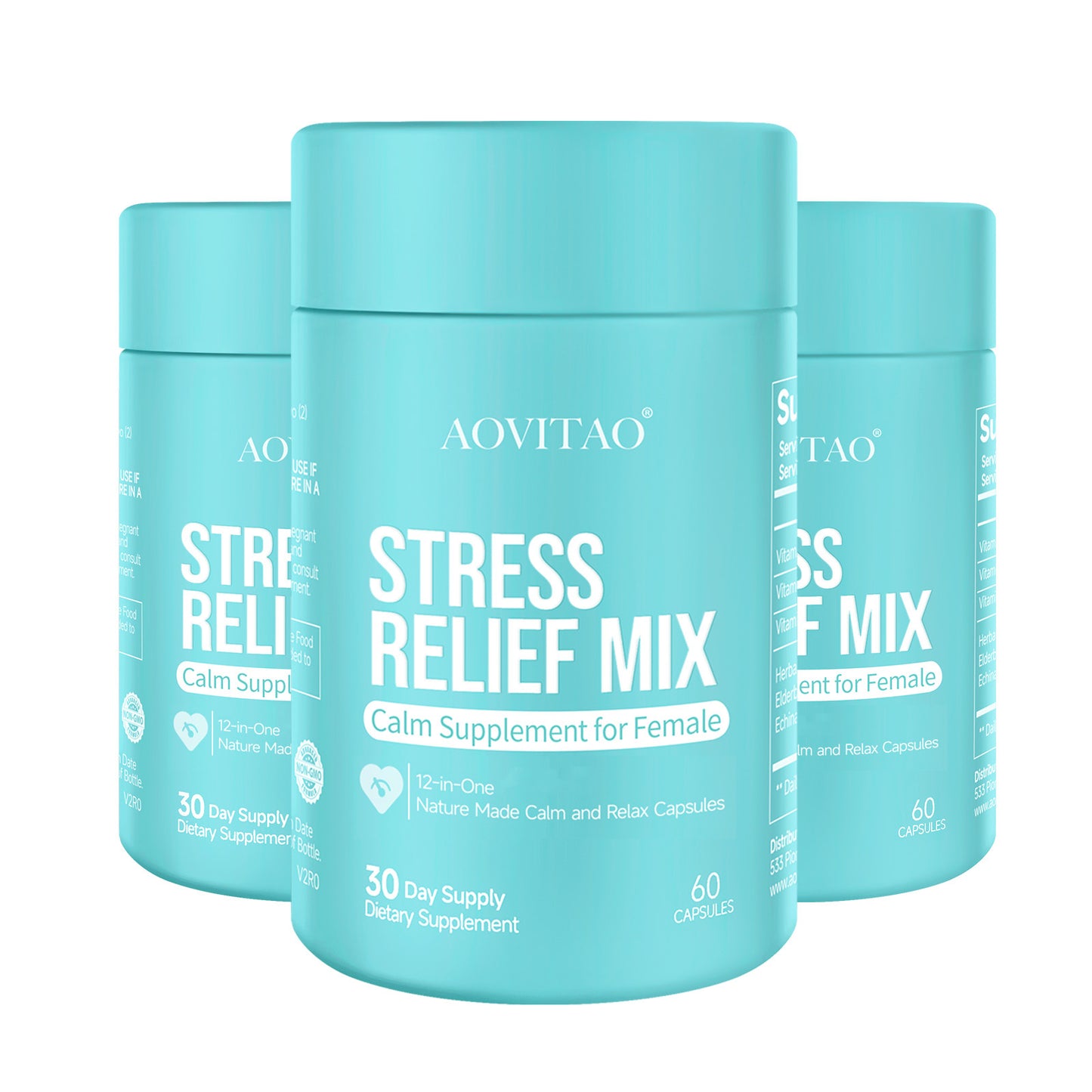 Three containers of AOVITAO Stress Relief Mix on a white background