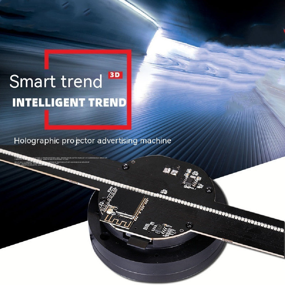 Holographic projector advertising machine with 'Smart trend' branding on a futuristic background.