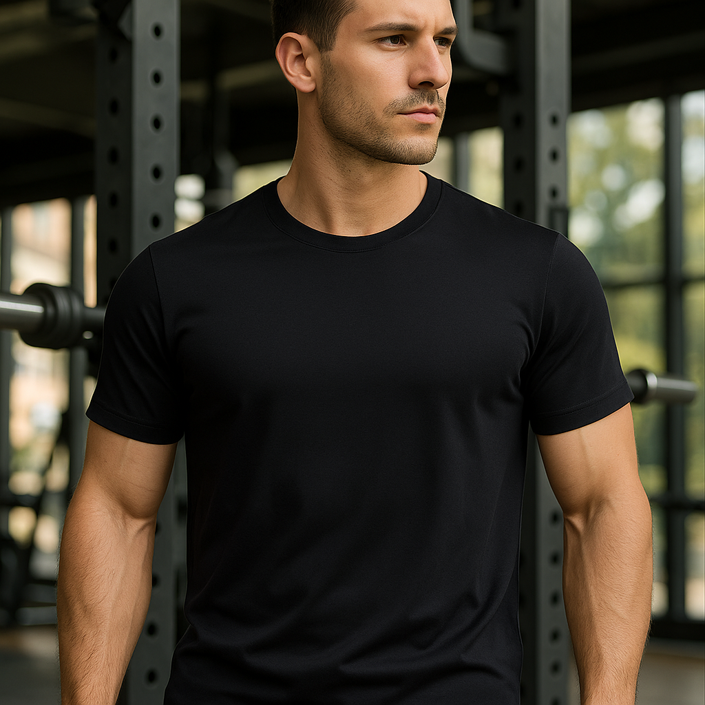 Man wearing a black t-shirt in an indoor setting with metal beams.