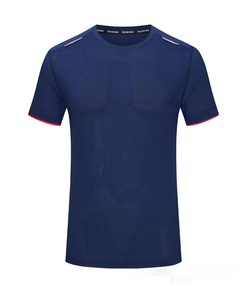 Navy blue t-shirt with red trim on a white background
