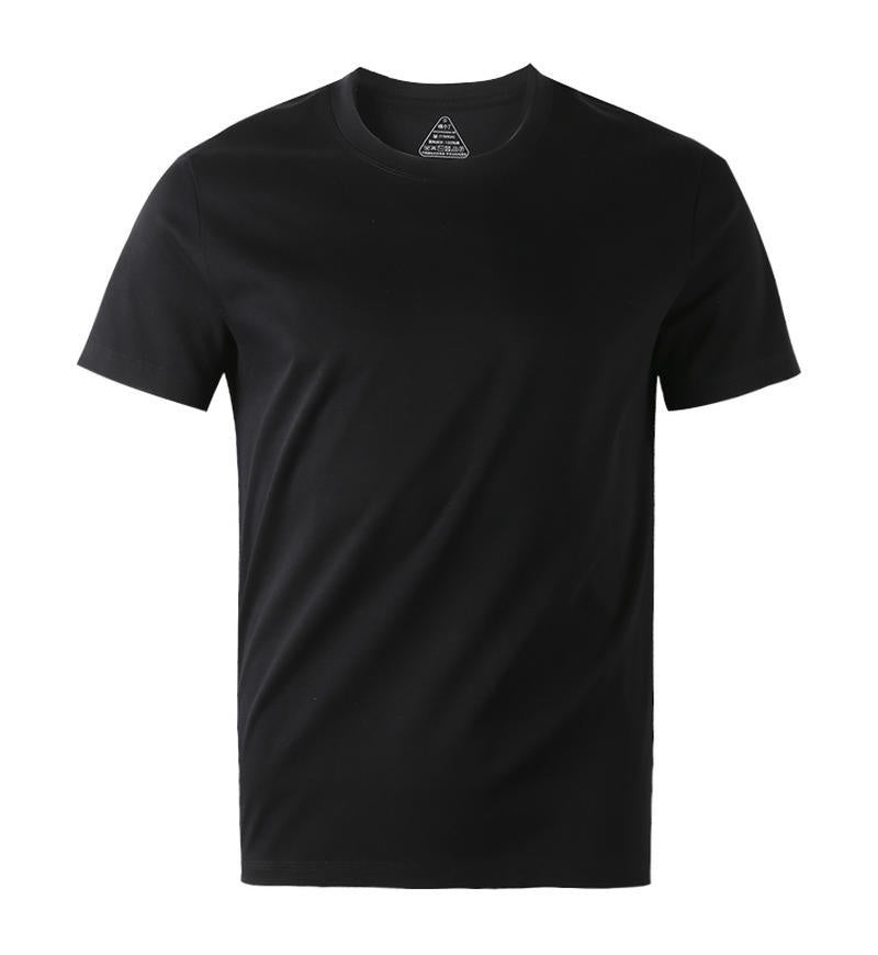 Black t-shirt with a small logo on a white background