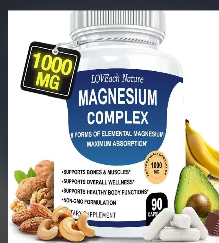 Supplement bottle labeled 'Magnesium Complex' with health benefits listed, surrounded by nuts, fruits, and vitamins.