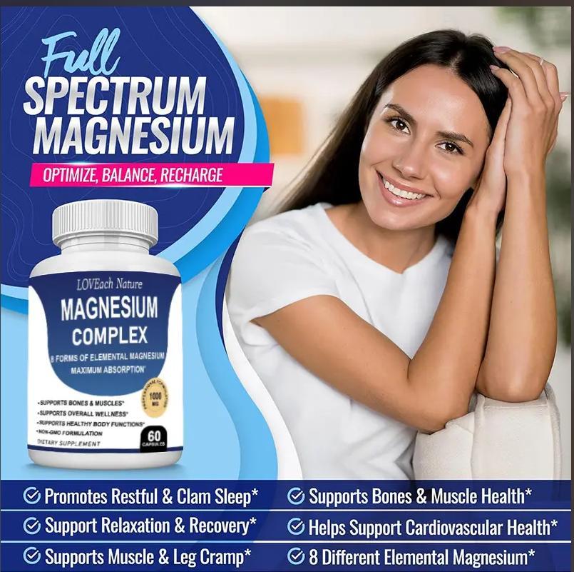 Woman sitting on a couch with a bottle of magnesium supplement in front of her, surrounded by text about magnesium benefits.