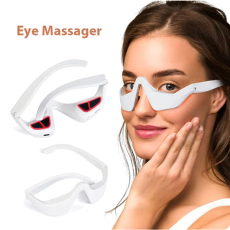 Woman using an eye massager with product packaging on a white background