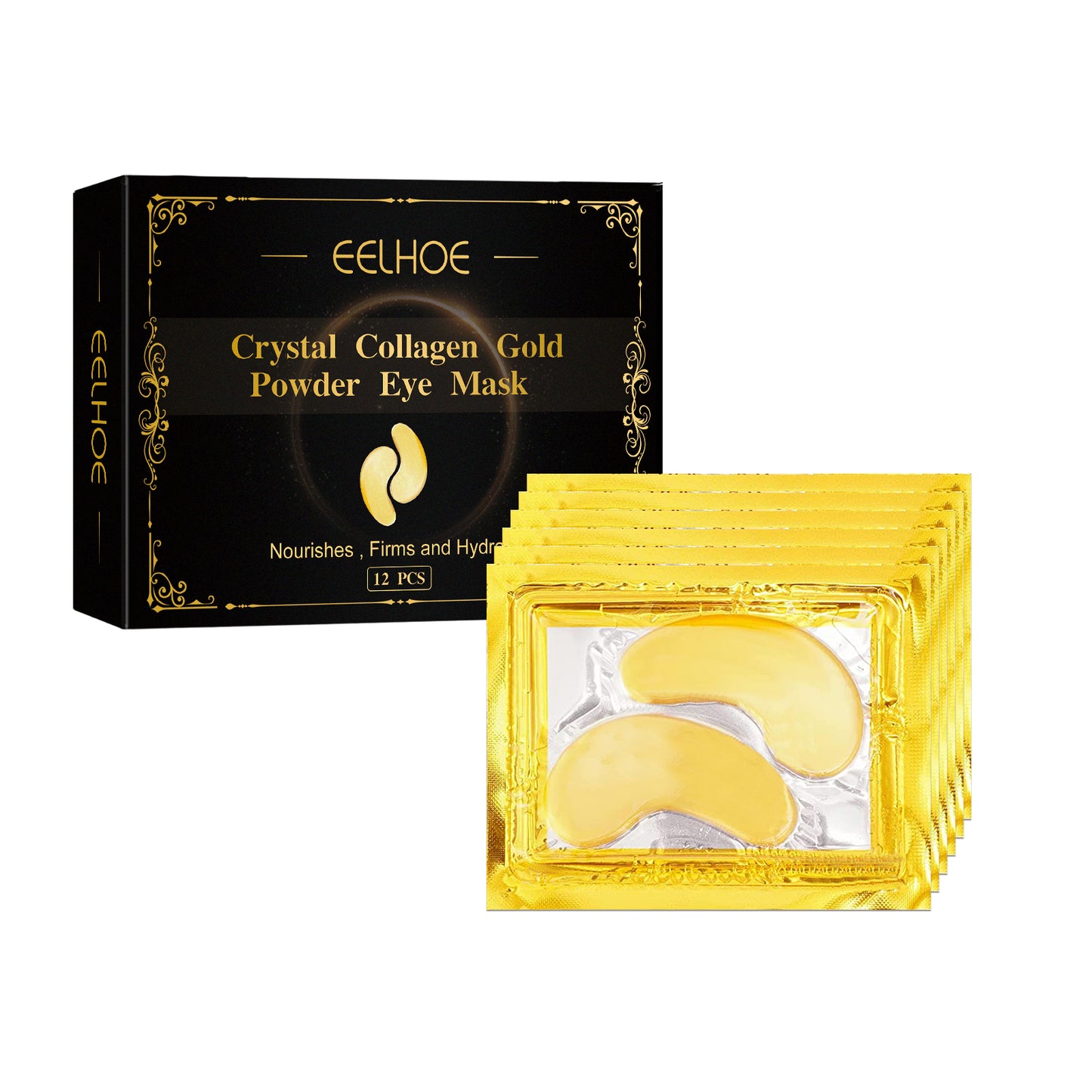 Eelhoe Crystal Collagen Gold Powder Eye Mask packaging with eye masks displayed.