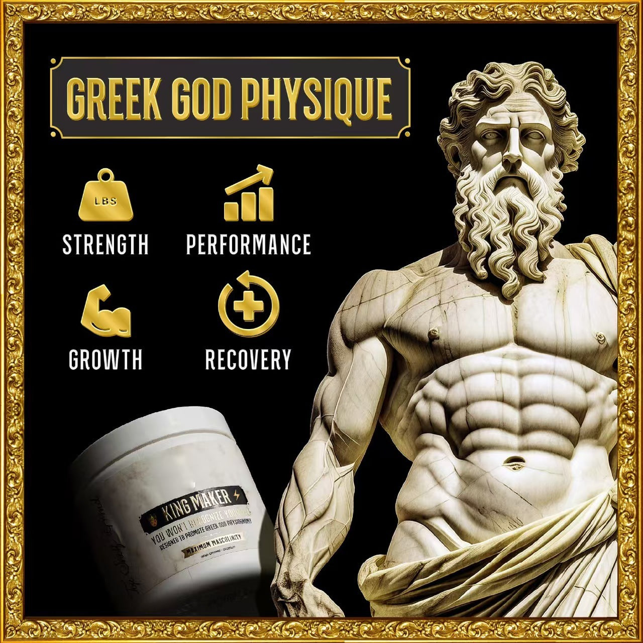 Statue of a muscular figure with 'Greek God Physique' text and supplement container on a black background.