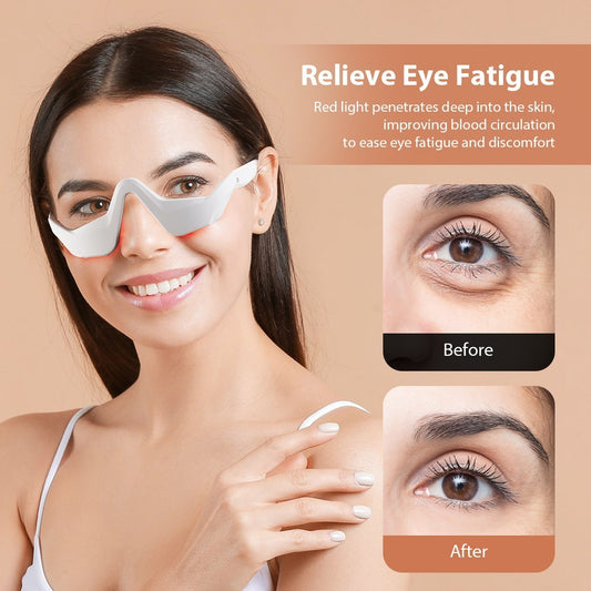 Woman wearing a red light eye mask with before and after effects on skin shown.