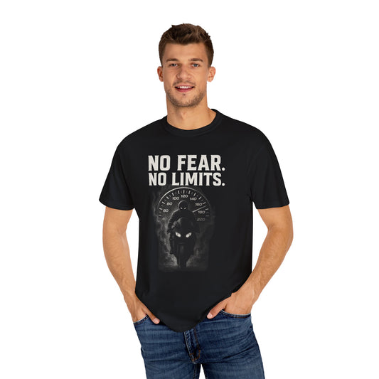Man wearing a black t-shirt with 'NO FEAR. NO LIMITS.' text and graphic design.