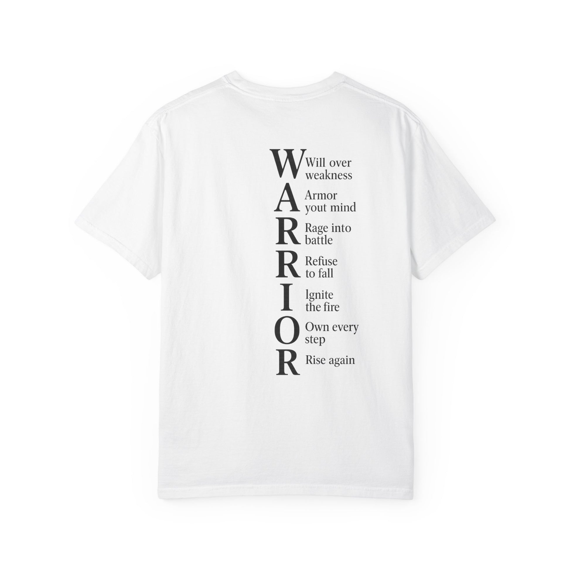 White t-shirt with motivational text on a white background