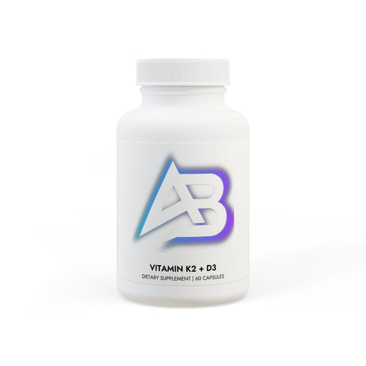 Supplement bottle labeled 'Vitamin K2 + D3' with a logo on a white background