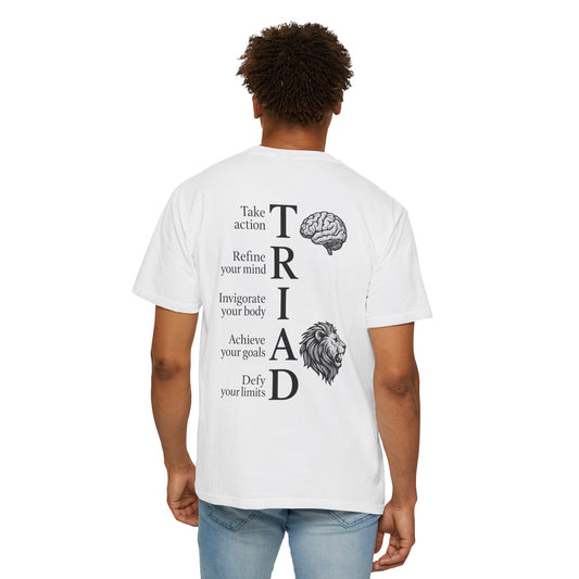 Person wearing a white t-shirt with text and graphics on the back, on a white background