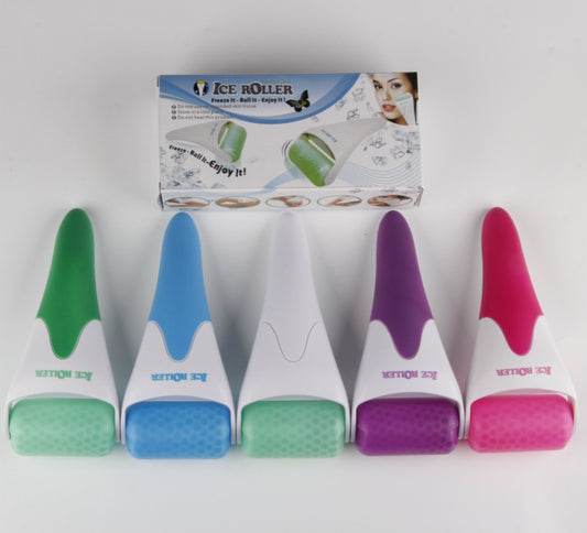 Set of four ice rollers with colorful handles and packaging on a white background