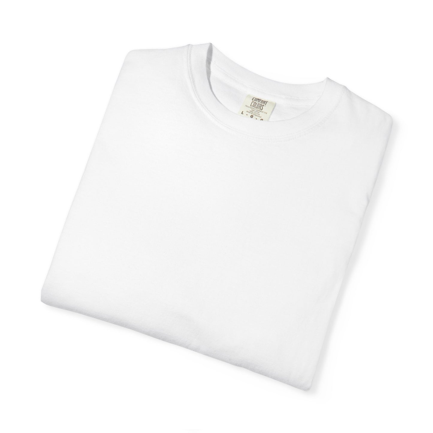 White t-shirt with a brand label on a white background
