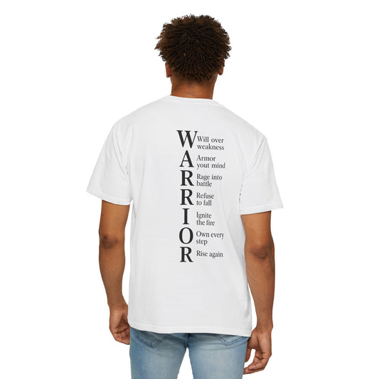 Person wearing a white t-shirt with black text on the back, standing against a white background