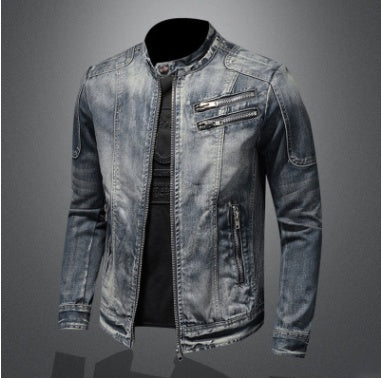 Blue denim jacket on a mannequin against a gray background