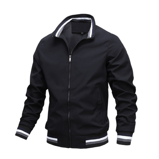Black jacket with white trim on a white background