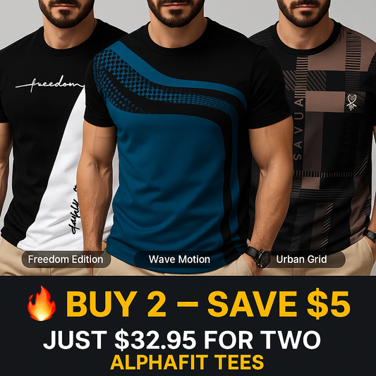 Three men wearing different designs of Alphafit tees with promotional text.