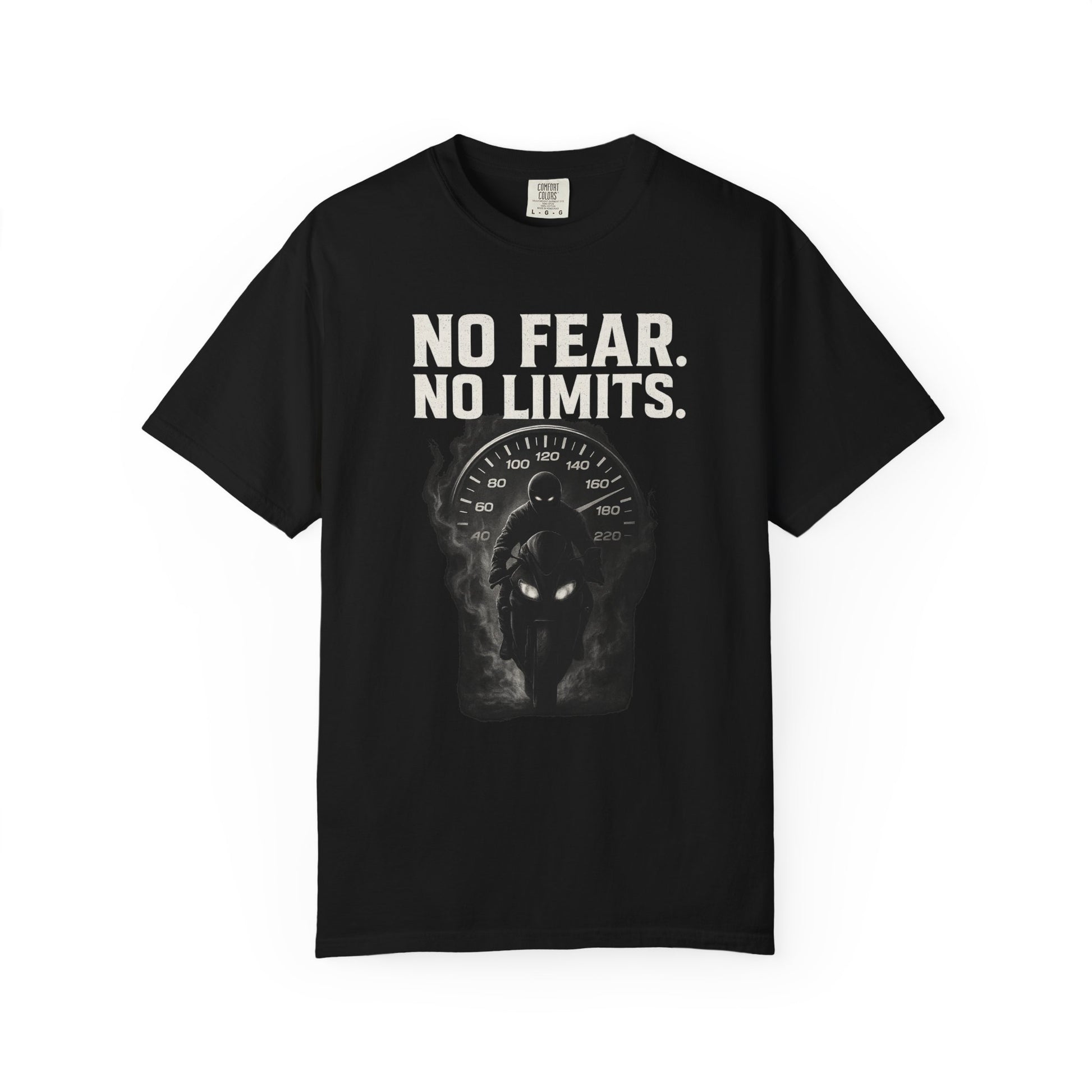 Black t-shirt with 'No Fear. No Limits.' text and wolf graphic on a white background