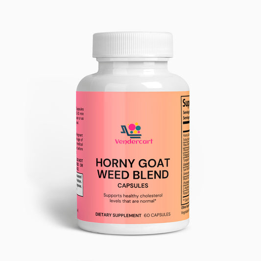 Bottle of Horny goat weed blend capsules with a pink label on a white background
