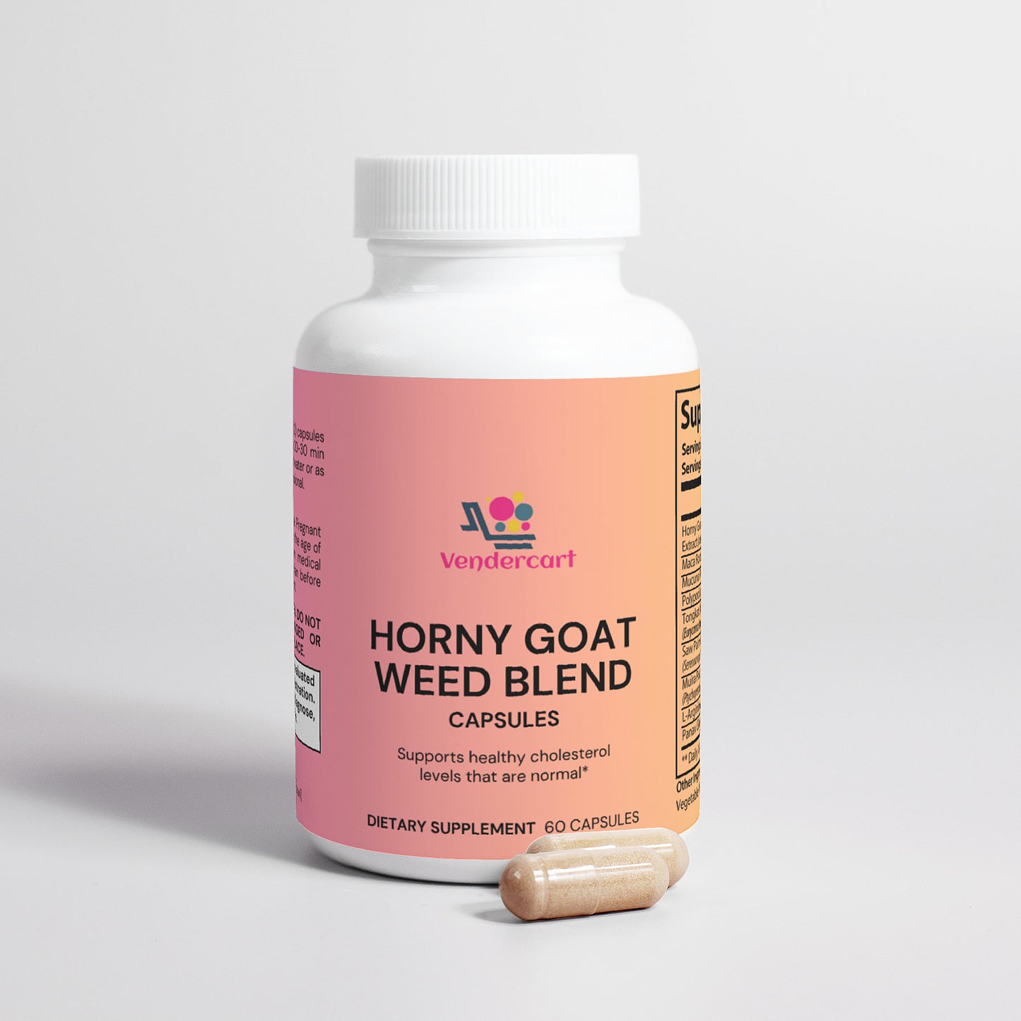 Supplement bottle labeled 'Horny Goat Weed Blend' with a pink label on a light gray background