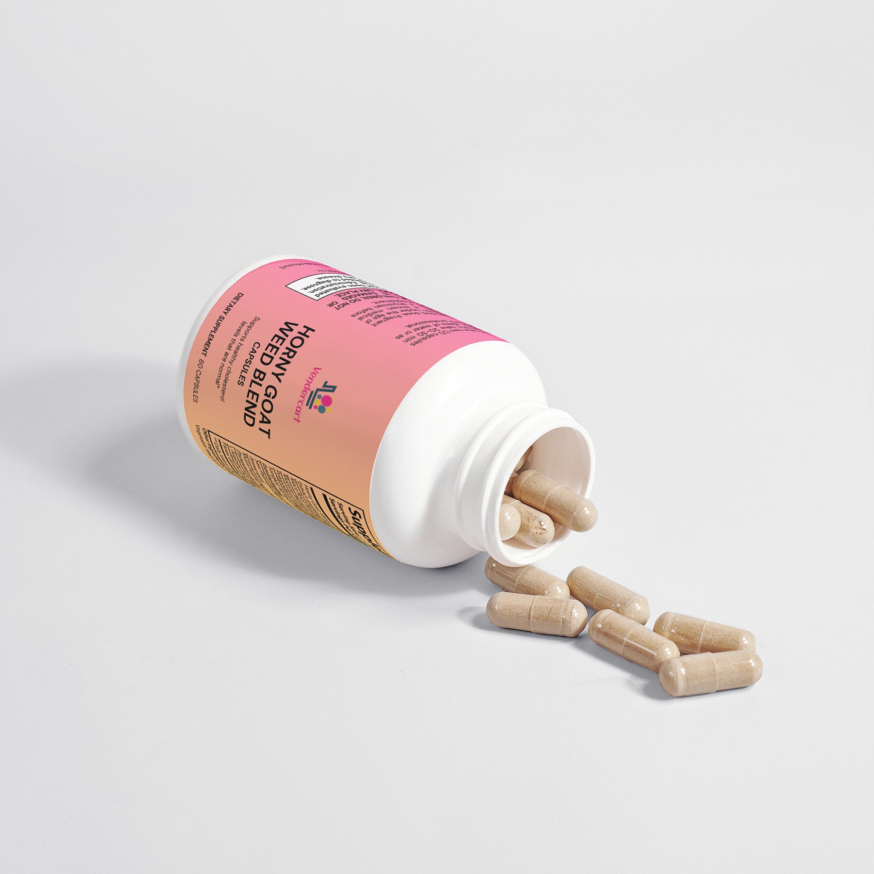 Pink supplement bottle with wooden capsules on a light gray background