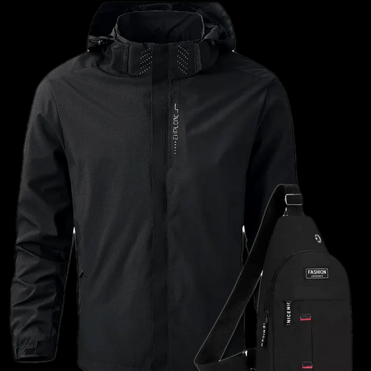 Men’s water-resistant hooded rain jacket in black with FREE crossbody bag.