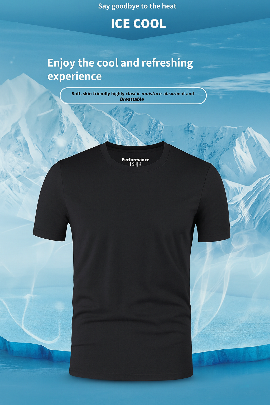 Black t-shirt with 'Performance' branding on a background of icy mountains.