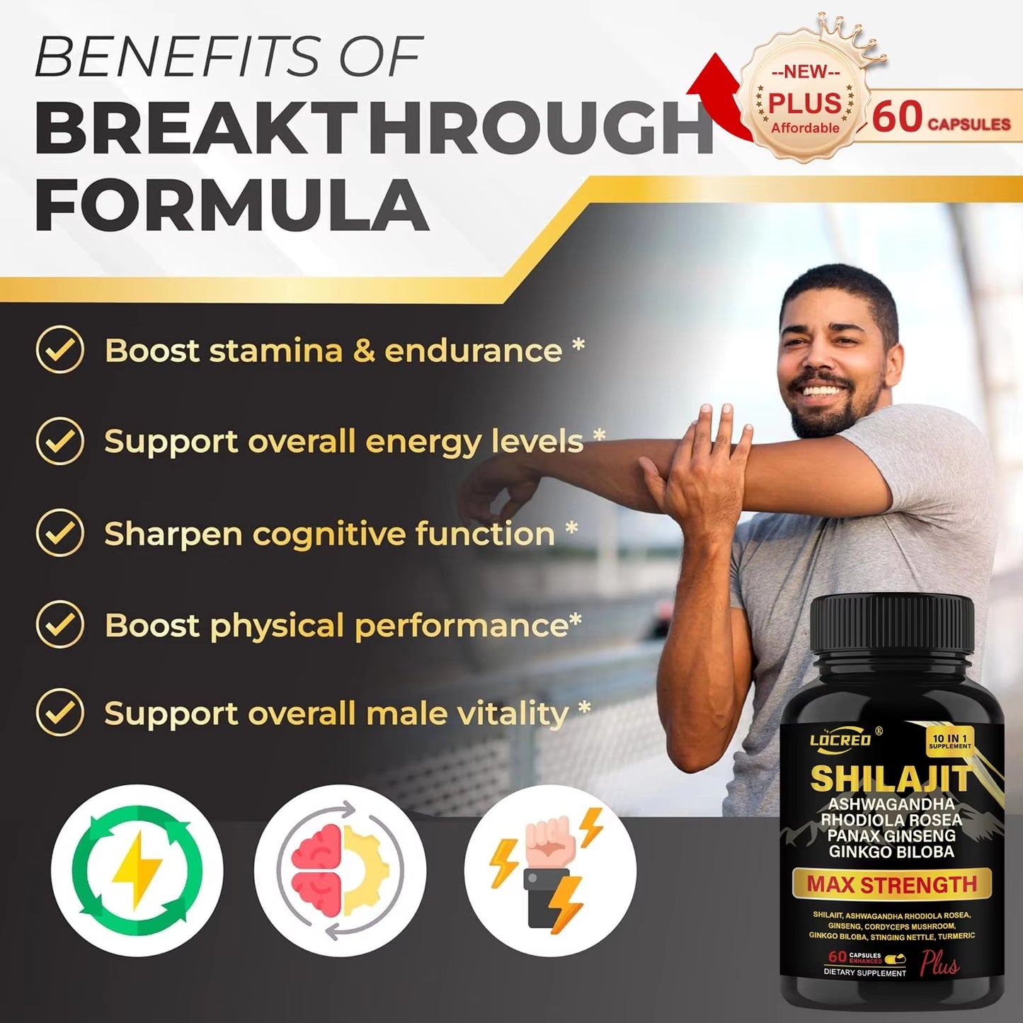 Shilajit + Ashwagandha Max Strength Capsules – 10-in-1 Energy & Testosterone Booster (60 Caps)