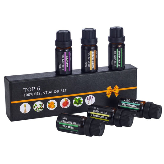 Set of essential oil bottles with a black box labeled 'Top 6 100% Essential Oil Set' on a white background.