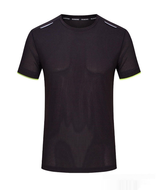 Black t-shirt with white and yellow accents on a white background