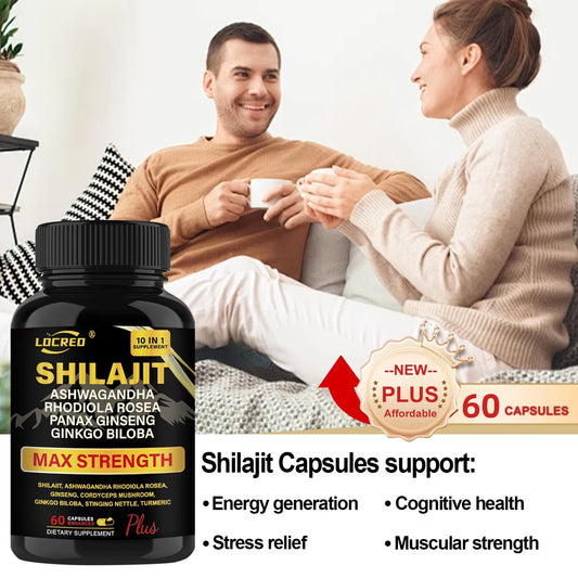 Bottle of Shilajit capsules with a man and woman in the background holding cups.