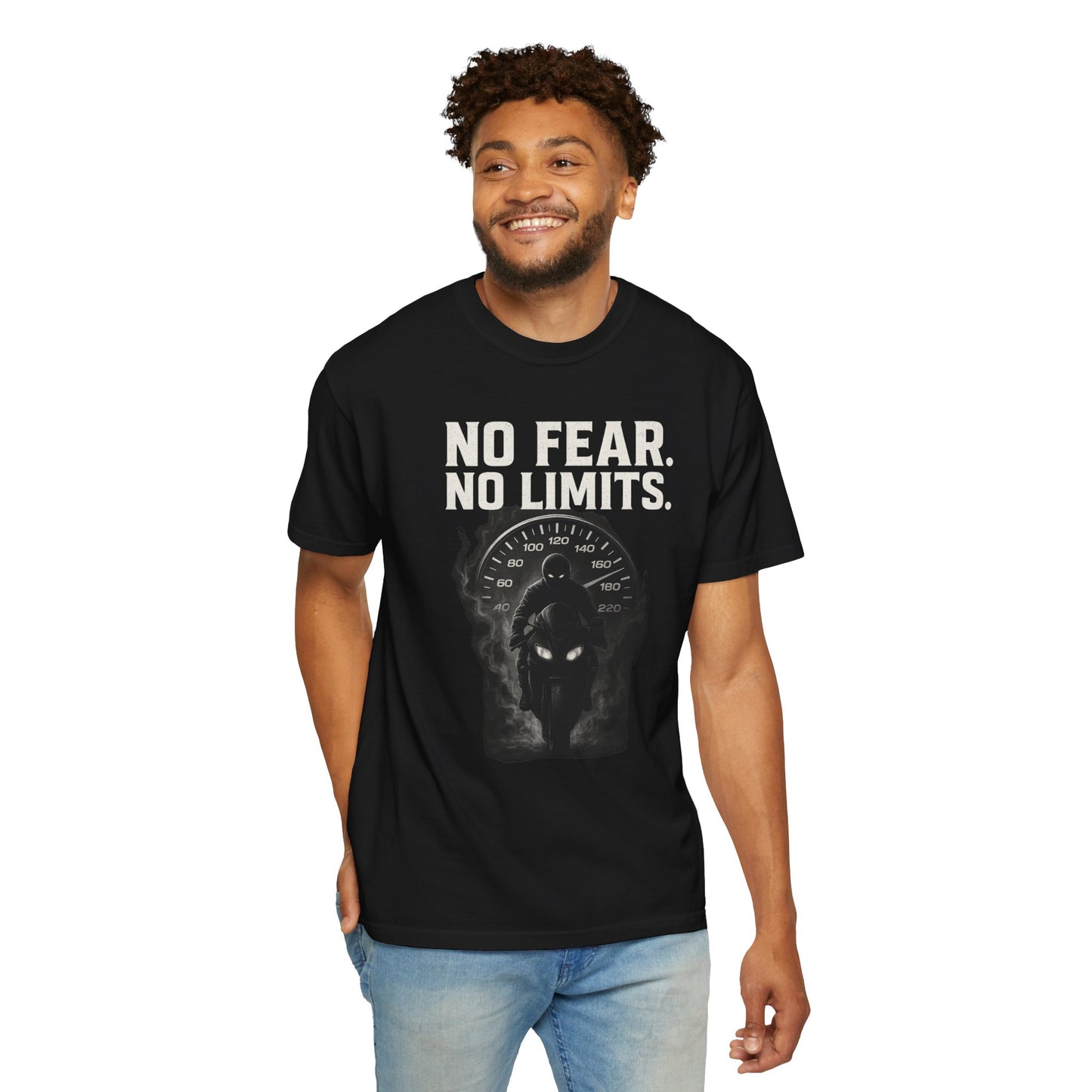 Man wearing a black t-shirt with 'No Fear. No Limits.' text and graphic on a white background