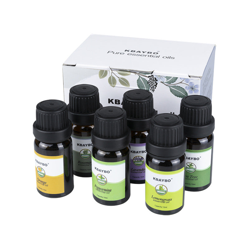 Set of Kraybo essential oil bottles with a branded box on a white background